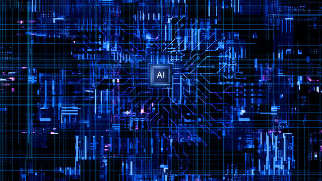 AI chip on a circuit board. Symbolizes technological advancement and artificial intelligence integration. 3d rendering, conceptual image.
