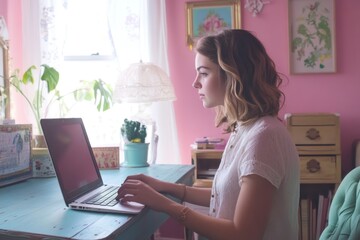 Young woman works on laptop in her pink bedroom, surrounded by plants and decor.