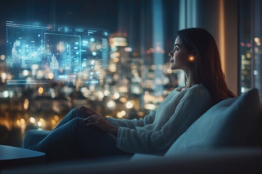 Woman relaxes on a couch at night, viewing futuristic data visualizations projected in front of her.