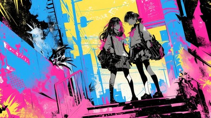 City Pop Anime Convention Vibes, vibrant illustration of an anime convention filled with colorful characters, bold outlines, and a cool neon-lit color palette reflecting pop art style