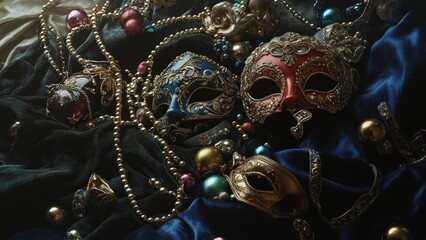 Colorful Decorative Masks and Beads on Luxurious Fabric