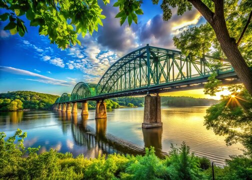 Dubuque Railroad Bridge: Majestic Railroad Bridge Spanning Waterway Amidst Lush Forest