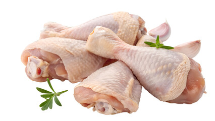 Raw chicken drumsticks, fresh poultry, uncooked meat, pale skin texture, scattered herbs, white background, food photography, close-up, high detail, realistic