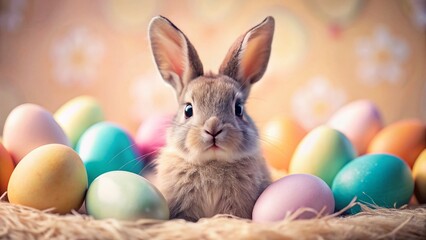 Easter Bunny Amidst Colorful Eggs: Festive Spring Photography