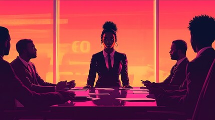 A professional business scene with a Black woman standing at the head of a table surrounded by a team actively engaged