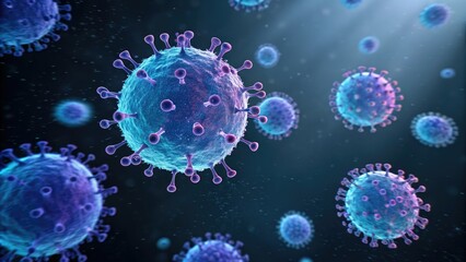 A cluster of glowing blue and purple viral spheres suspended in a dark background, abstract virology, fractal art, cellular patterns, blue light, science inspired