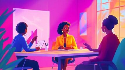 A stylish Black woman leading a discussion in a brightly lit, open-concept office with her engaged colleagues