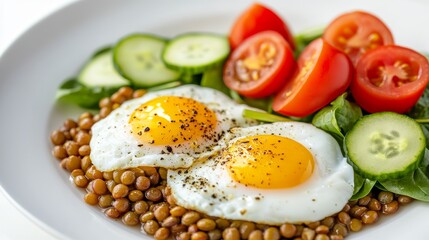 Elegant breakfast display  sunny side up eggs, crisp lentils, fresh veggies, and natural light