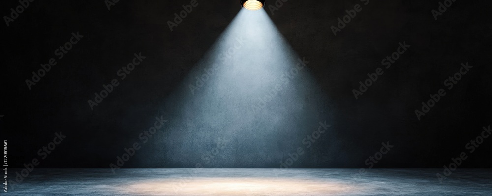 Poster a focused spotlight illuminates an empty stage, creating a dramatic atmosphere in a dark environment