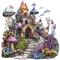 Fototapeta premium Enchanted fantasy castle surrounded by colorful mushrooms and whimsical plants in a vibrant and surreal landscape