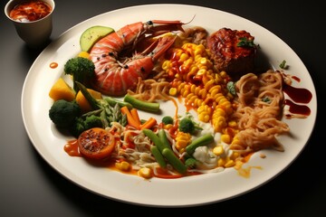 Large shrimp, noodles, a meatball, corn, and various vegetables are arranged on a white plate, creating a colorful and messy presentation