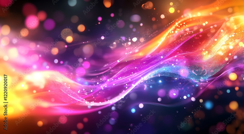 Poster abstract with colorful light waves on a dark background. which represents advanced digital technolog