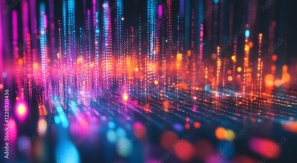 Poster abstract with colorful light waves on a dark background. which represents advanced digital technolog