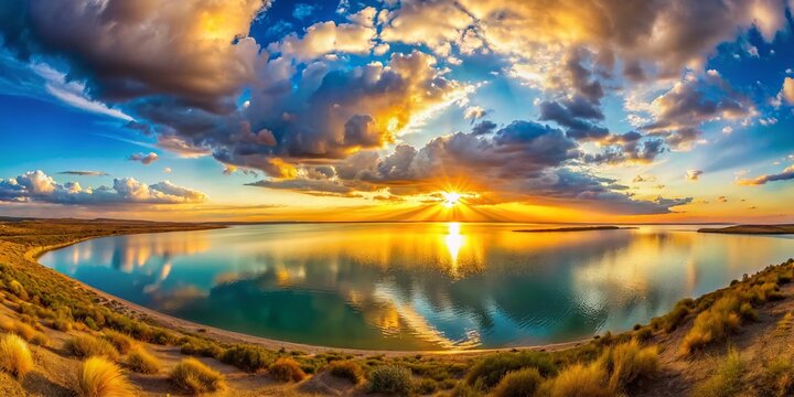 Panoramic Silhouette of Lake Balkhash at Sunset, Kazakhstan