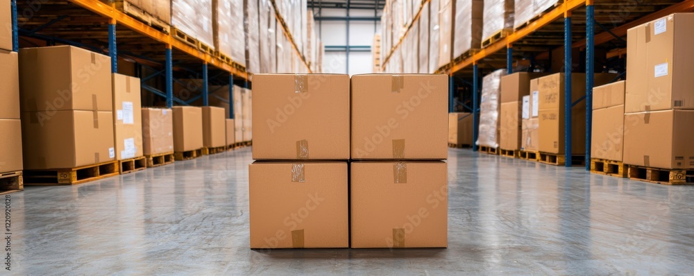 Poster a spacious warehouse filled with neatly stacked cardboard boxes, showcasing organized storage and ef