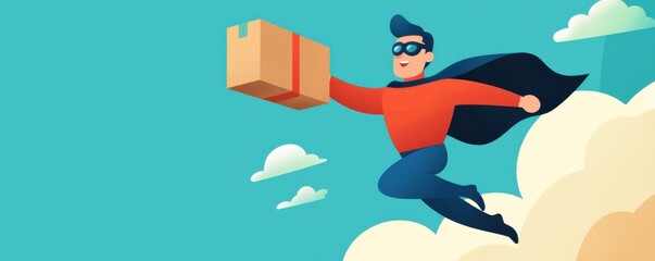 A superhero delivers a package while soaring through a bright sky filled with clouds, embodying speed and reliability.