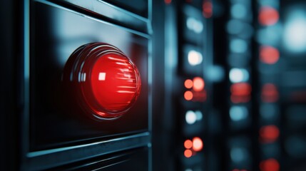 Close-up of a glowing red button on a server panel