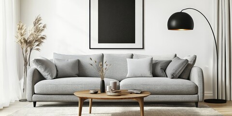 Modern Living Room Interior with Poster Mockup