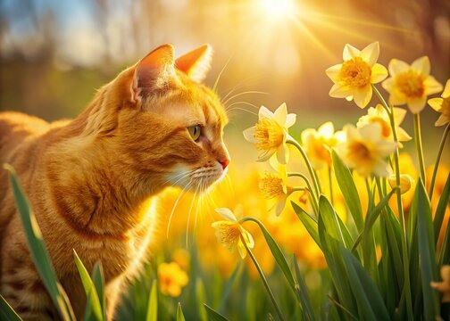 Panoramic Spring Scene: Orange Tabby Cat Sniffing Daffodils