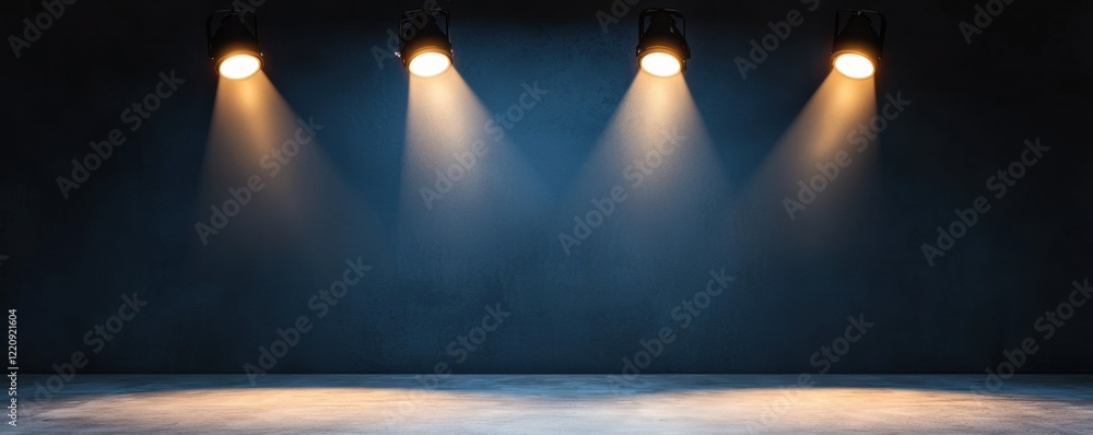 Poster a dimly lit stage with three spotlight beams illuminating a smooth floor, creating an atmosphere rea