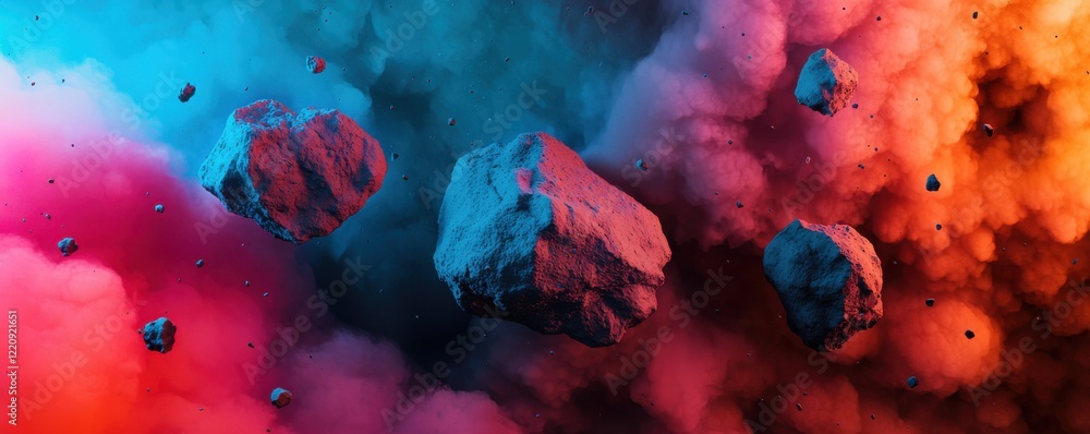 Poster a vibrant cosmic scene featuring colorful clouds and floating rocks, creating an otherworldly atmosp