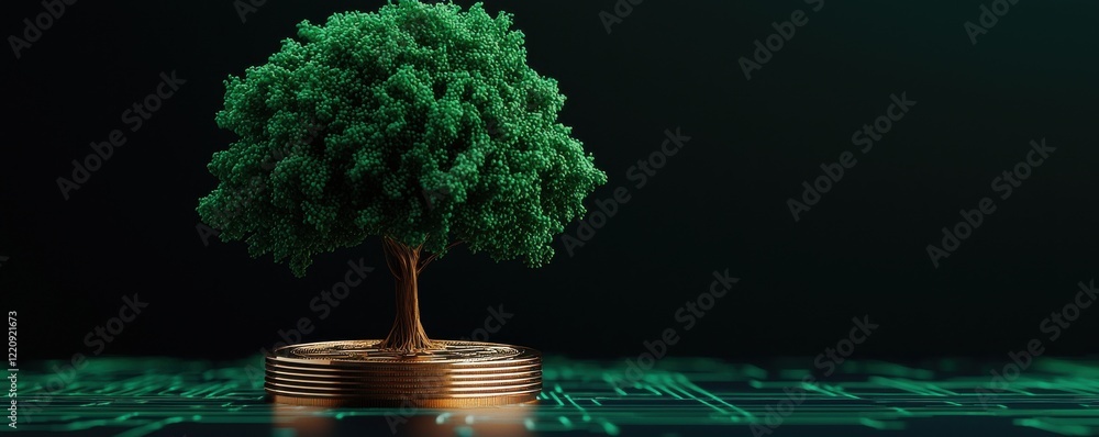 Poster a small tree grows from a stack of coins, symbolizing the intersection of nature and technology in a