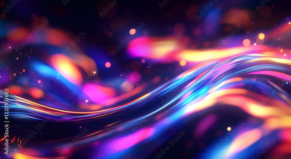 Poster abstract with colorful light waves on a dark background. which represents advanced digital technolog