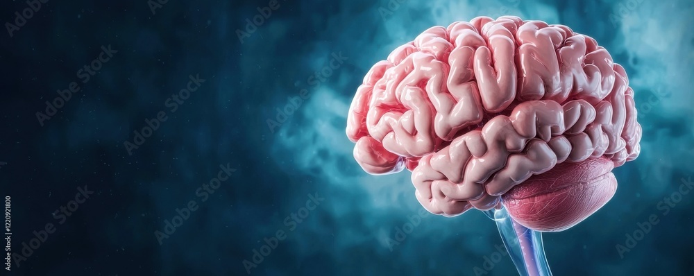 Poster a detailed image of a human brain, showcasing its intricate structure against a dark, misty backgrou