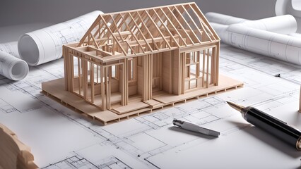 Wooden house frame model on architectural blueprints with pen and pencil.