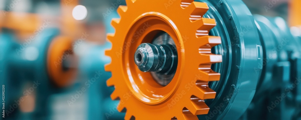 Poster a close-up of a vibrant orange gear within a mechanical assembly, highlighting its intricate design 