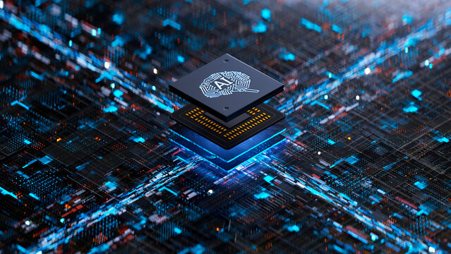AI chip on a circuit board. Symbolizes technological advancement and artificial intelligence integration. 3d rendering, conceptual image.