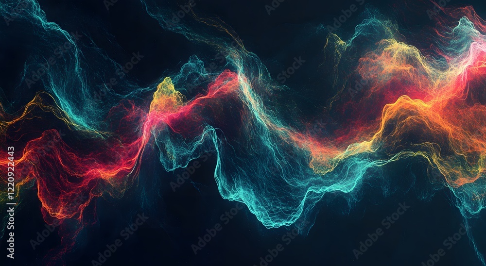 Poster abstract with colorful light waves on a dark background. which represents advanced digital technolog