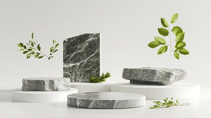 Stone pedestals, floating leaves, on white background