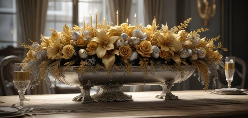 A lavish golden and silver themed centerpiece for a dining table , table, theme, dinner