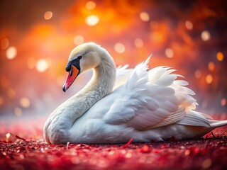Fototapeta premium Elegant White Swan on Red Background with Bokeh - Stunning Stock Photo