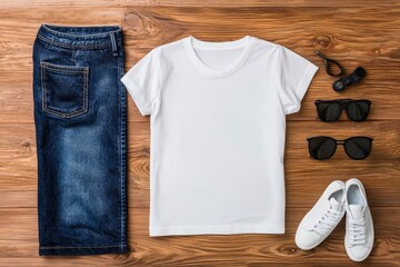 A flat lay of everyday fashion essentials, including denim jeans, sneakers, and a casual t-shirt