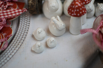 Handmade Easter porcelain animal decorations at flea market in Vienna
