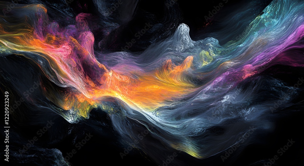 Poster abstract with colorful light waves on a dark background. which represents advanced digital technolog