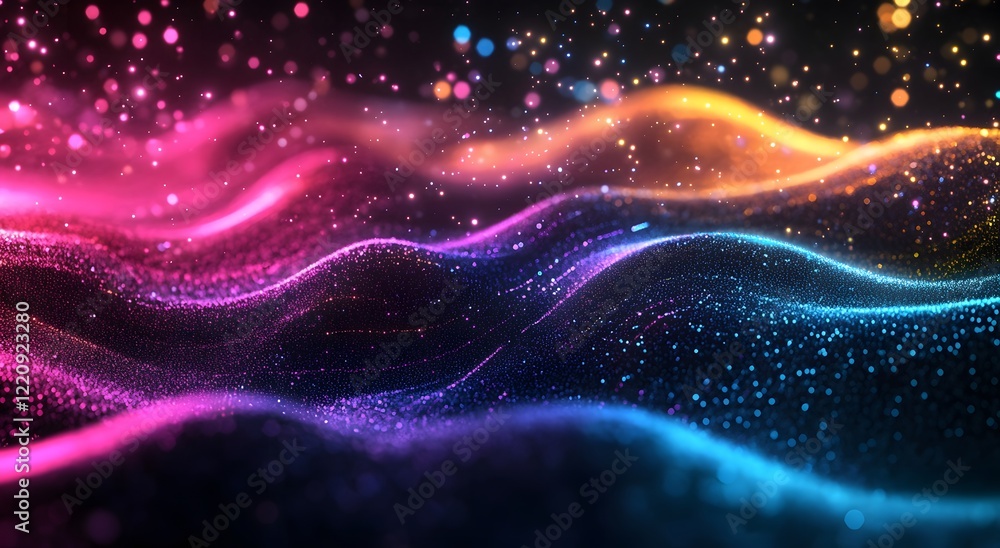 Poster abstract with colorful light waves on a dark background. which represents advanced digital technolog