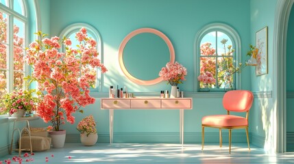 Pastel Vanity Room Decorated With Blossoms and Sunshine
