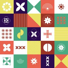 Seamless pattern of geometric shapes on a bright background of squares. NEO GEO style, wall art. Modern art for posters, social networks, fabrics, covers, textiles, wrapping paper.