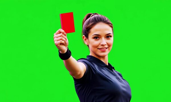 a beautiful female soccer referee showing red card on green screen