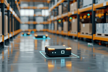 Futuristic robots navigate a warehouse environment, showcasing modern logistics technology. Cardboard boxes and shelves create an efficient workflow for storage solutions.