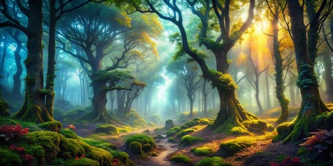Fototapeta premium Enchanting Foggy Forest: Surreal Landscape Photography of Mysterious Trees