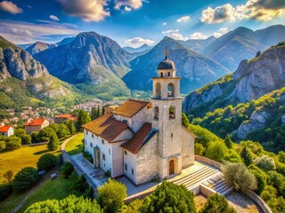 Panoramic View of a White Church nestled in the Majestic Mountains of Montenegro