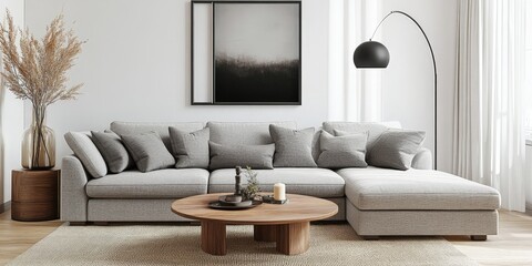 Modern Living Room Interior with Poster Mockup