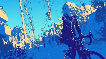 City Pop Dreamscape, vibrant anime illustration of a young woman cycling through a tranquil neighborhood at dusk, featuring bold outlines, solid colors, and a nostalgic cool palette.