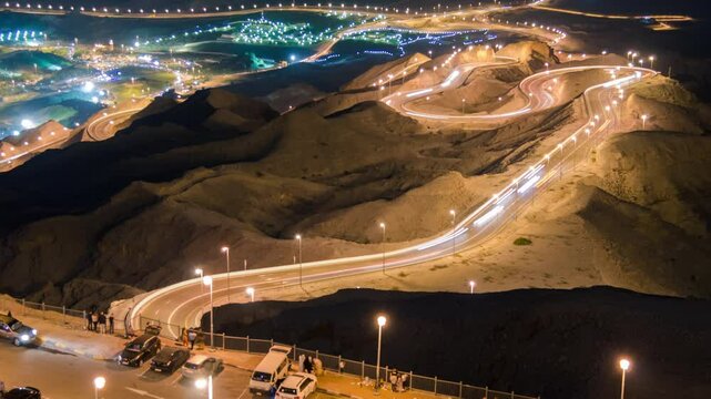 Time Lapse of car trial at night Hafeet mountain, Al Ain, Abu Dhabi, UAE