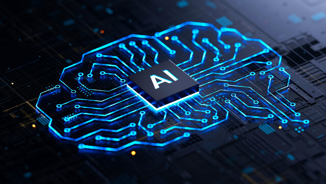 AI chip on a circuit board. Symbolizes technological advancement and artificial intelligence integration. 3d rendering, conceptual image.