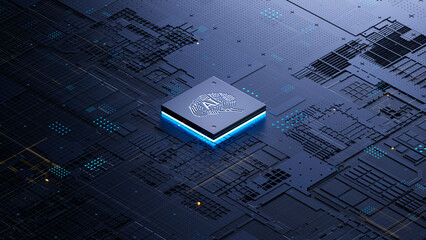 AI chip on a circuit board. Symbolizes technological advancement and artificial intelligence integration. 3d rendering, conceptual image.